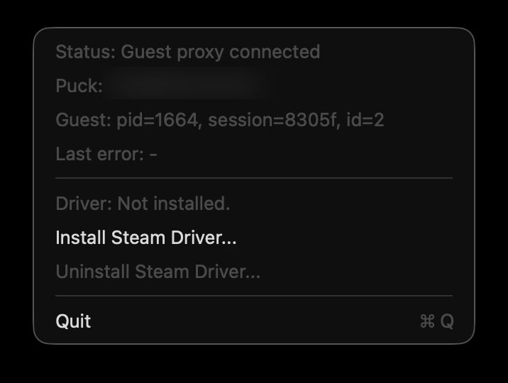 CrossPuck menu showing Install Steam Driver when the driver is not installed