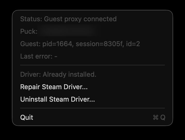 CrossPuck menu showing Repair Steam Driver and Uninstall Steam Driver after installation