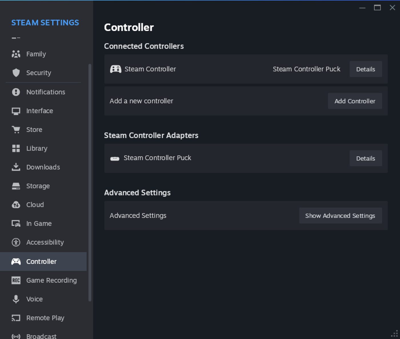 Steam settings showing Steam Controller and Steam Controller Puck connected