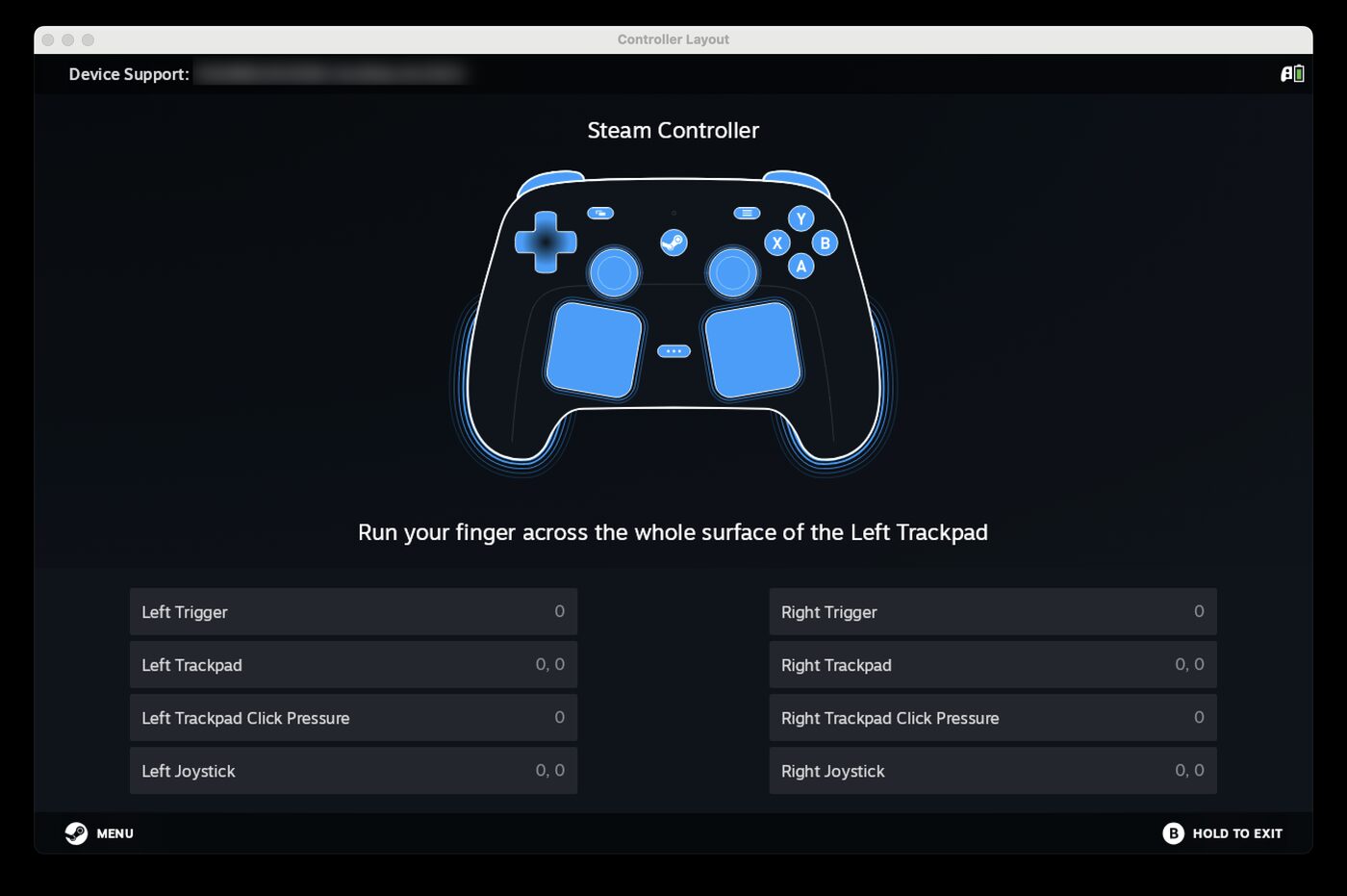 Steam Controller layout test showing controller input state